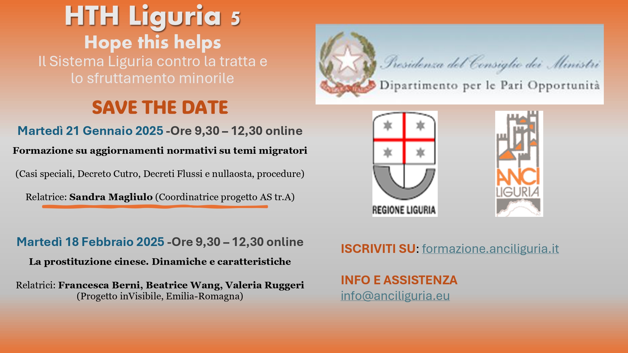 HTH Liguria 5 - Hope this helps: Il Sistema Liguria contro la tratta e lo sfruttamento minorile - GIORNATA 3 - 18 FEBBRAIO 2025 ORE 9,30 - 12,30